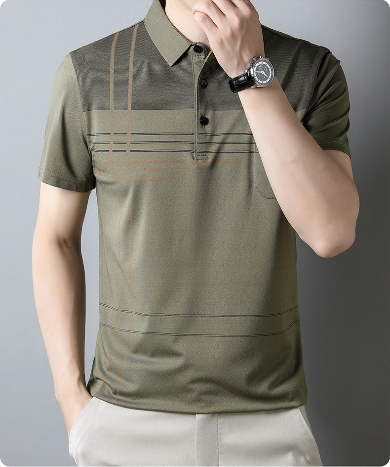 Jiskavi men's olive green linear stripe polo T-shirt front view