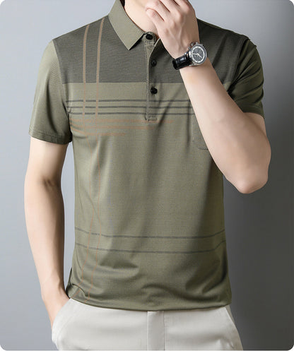 Jiskavi men's olive green linear stripe polo T-shirt front view