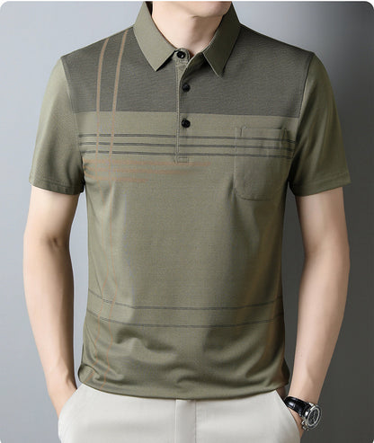 Jiskavi men's olive green linear stripe polo T-shirt view 2