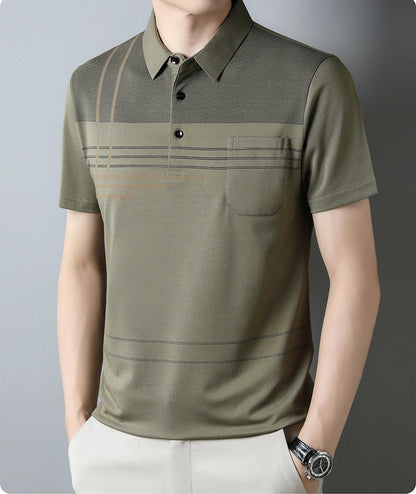 Jiskavi men's olive green linear stripe polo T-shirt view 3