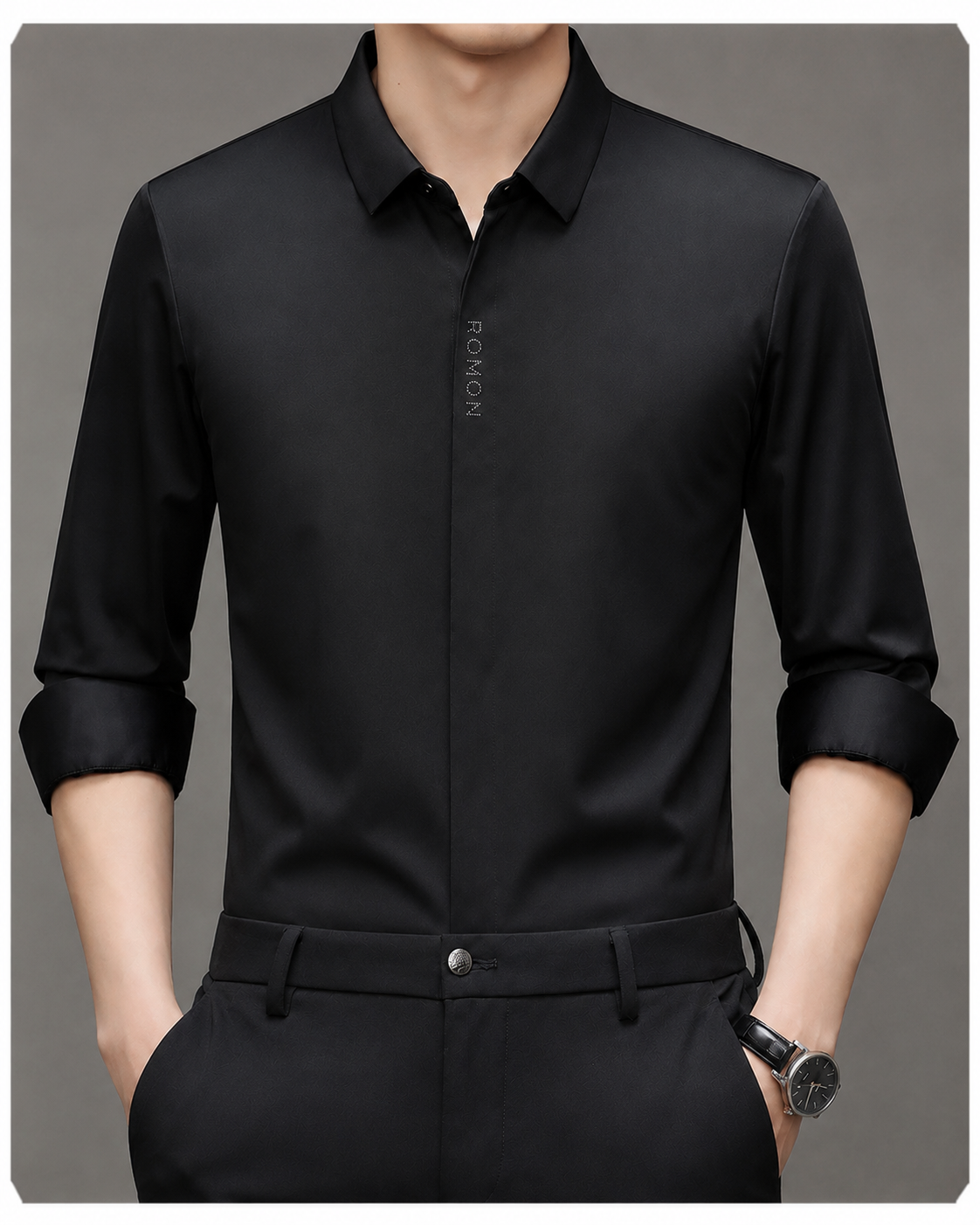 Front view of Jiskavi men's onyx black tonal stretch full sleeve formal shirt