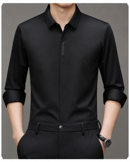 Front view of Jiskavi men's onyx black tonal stretch full sleeve formal shirt