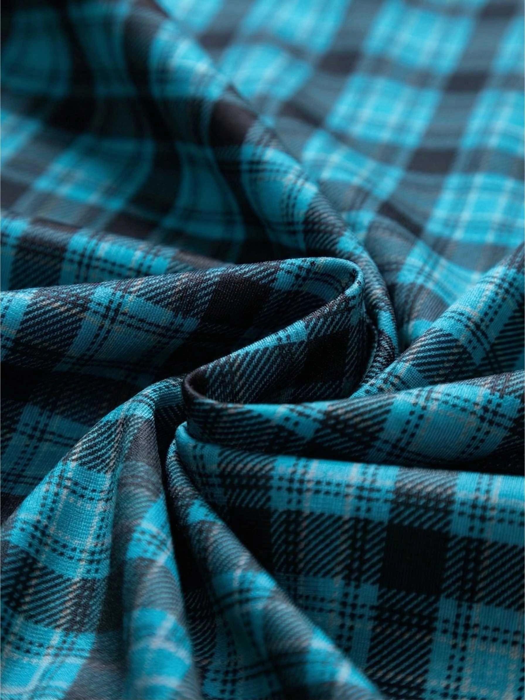 Jiskavi premium stretch cotton peacock teal heritage plaid fabric macro — teal charcoal check
