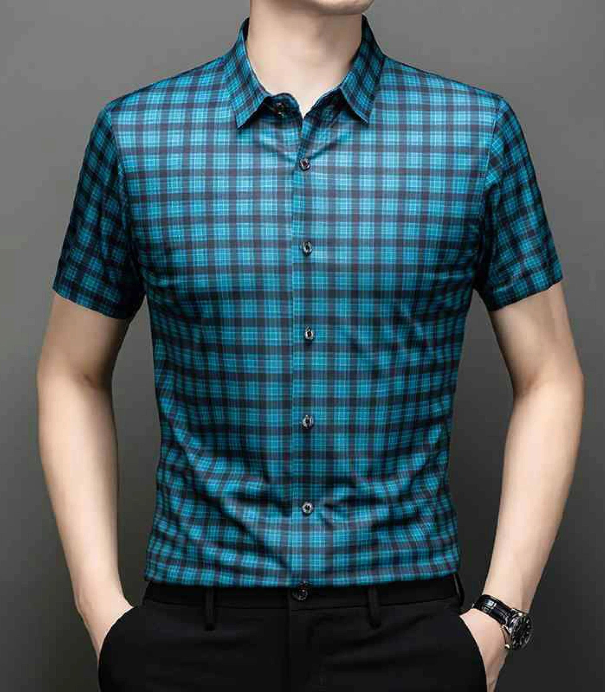 Jiskavi peacock teal heritage plaid slim fit half sleeve men's shirt — front view