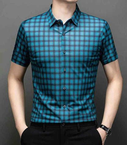 Jiskavi peacock teal heritage plaid slim fit half sleeve men's shirt — front view