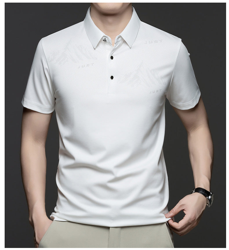 Jiskavi men's pearl white tonal graphic polo T-shirt detail view