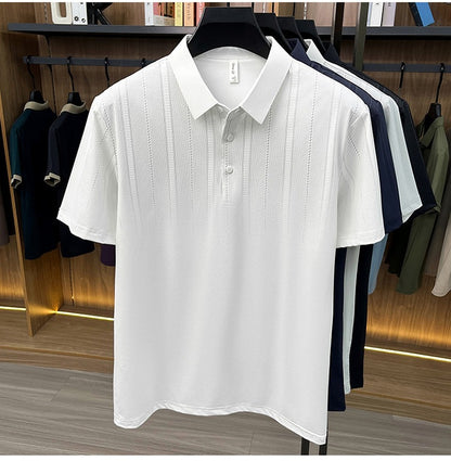 Jiskavi men's pearl white vertical stripe polo T-shirt front view