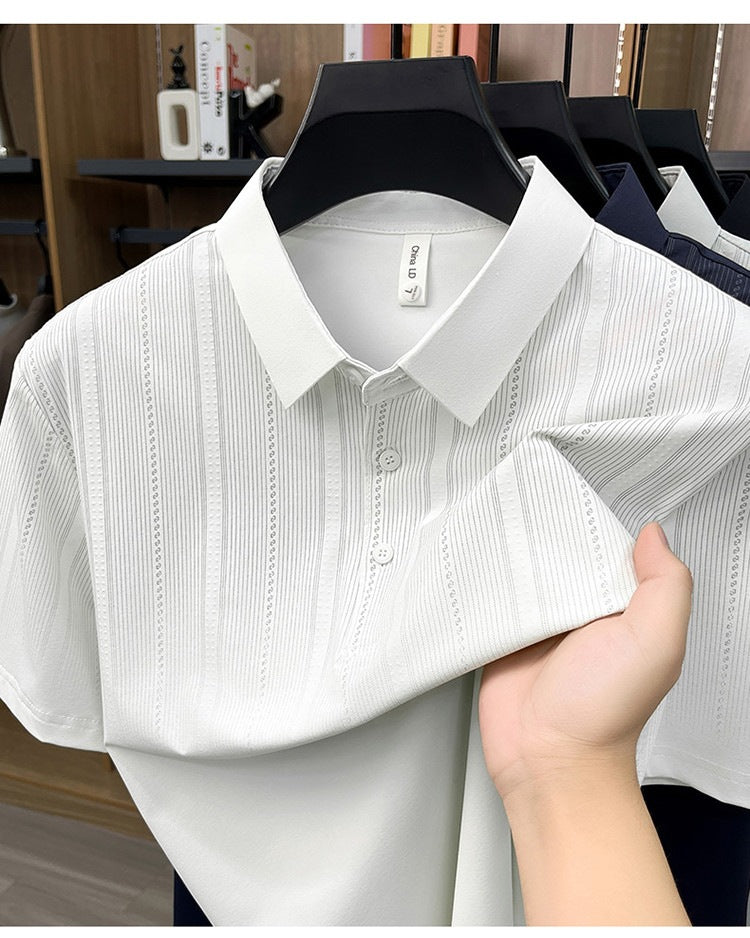 Jiskavi men's pearl white vertical stripe polo T-shirt view 4