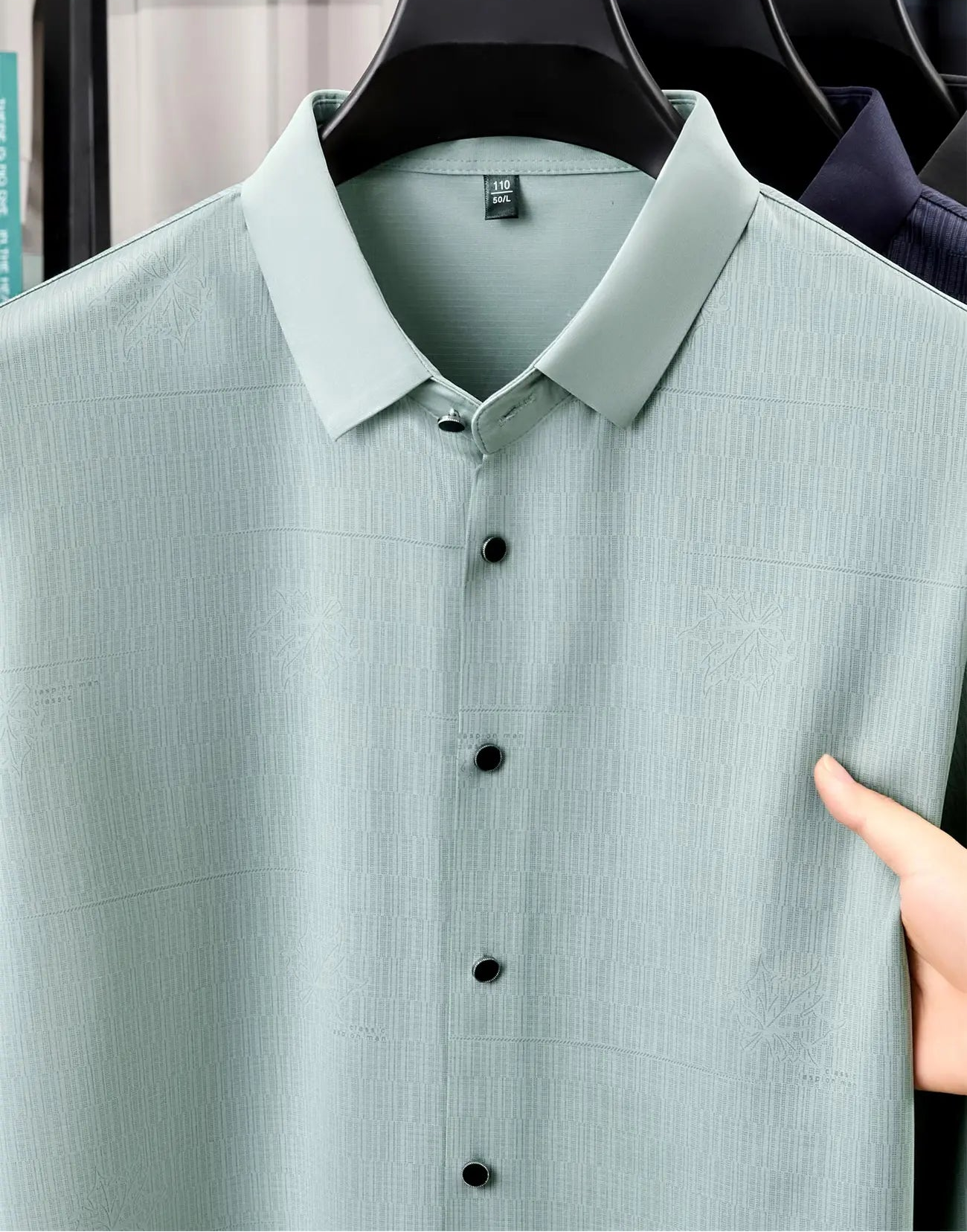 Jiskavi Sage Mint Shirt – Emboss Panel & Button Closeup