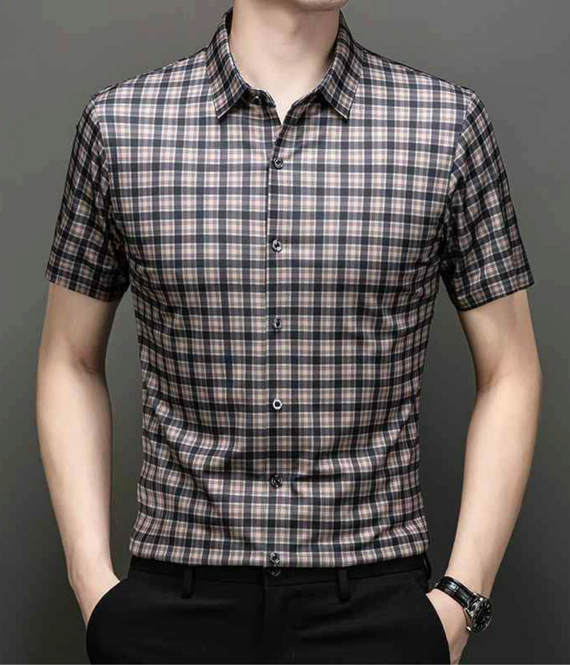 Jiskavi sandstone heritage plaid slim fit half sleeve men's shirt — front view