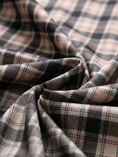 Jiskavi premium stretch cotton sandstone heritage tartan fabric macro — camel charcoal brick red check