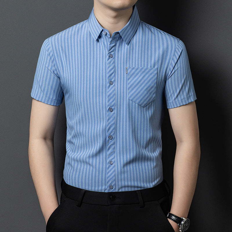 Sky Blue Pinstripe Linen-Feel Short Sleeve Shirt