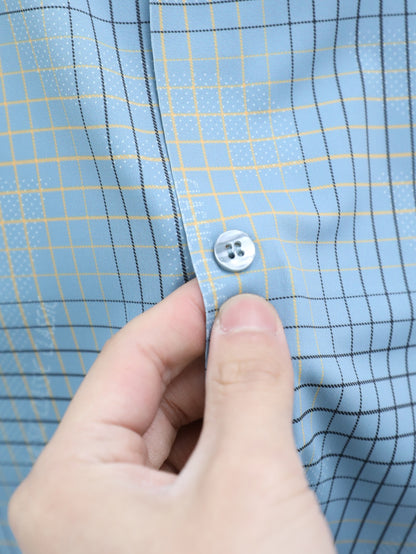 Jiskavi sky blue windowpane plaid full sleeve shirt — white pearl button and fabric texture closeup