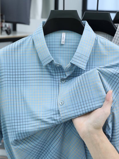 Jiskavi sky blue multi-tone plaid check stretch cotton full sleeve shirt — collar and fabric detail