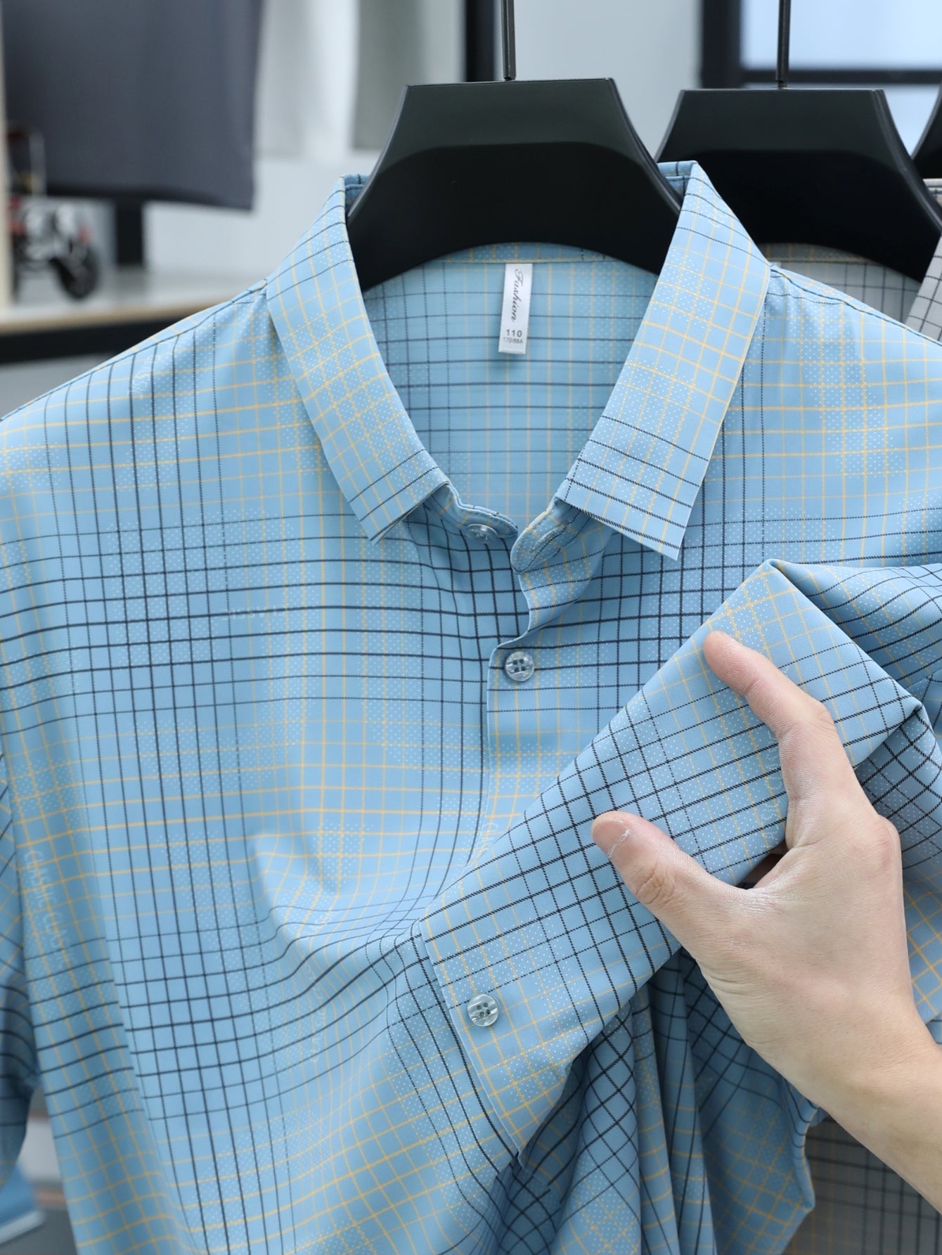 Jiskavi sky blue windowpane plaid check slim fit full sleeve shirt — dark navy grid and gold accent lines detail