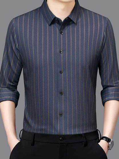 Jiskavi slate blue gold stripe herringbone slim fit full sleeve men's shirt — full front buttoned view
