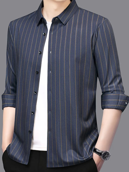 Jiskavi slate blue herringbone gold stripe shirt — single button barrel cuff rolled back detail