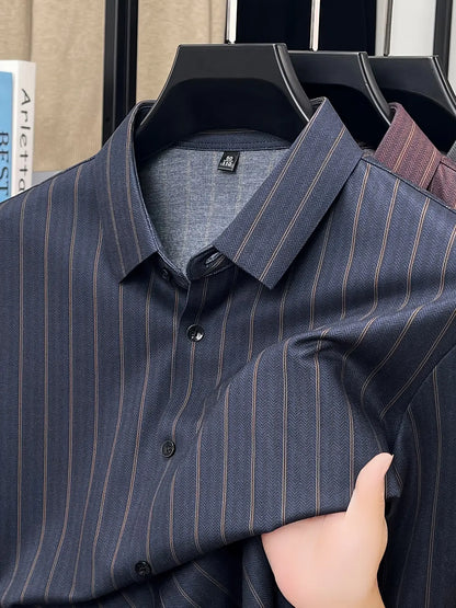Jiskavi slate blue herringbone gold stripe shirt — point collar and herringbone weave fabric detail on hanger