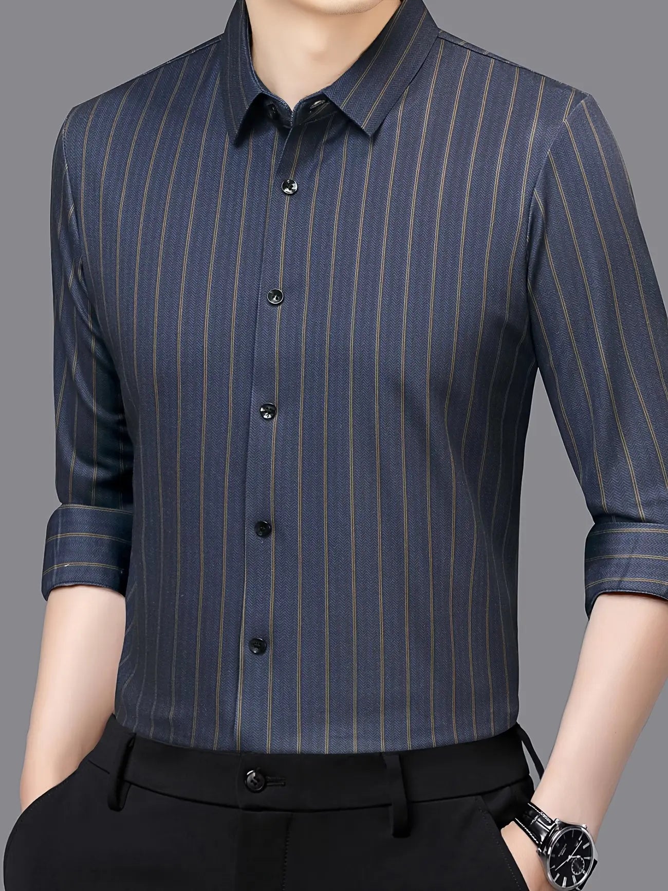 Jiskavi slate blue grey herringbone gold stripe slim fit full sleeve men's formal shirt — front view