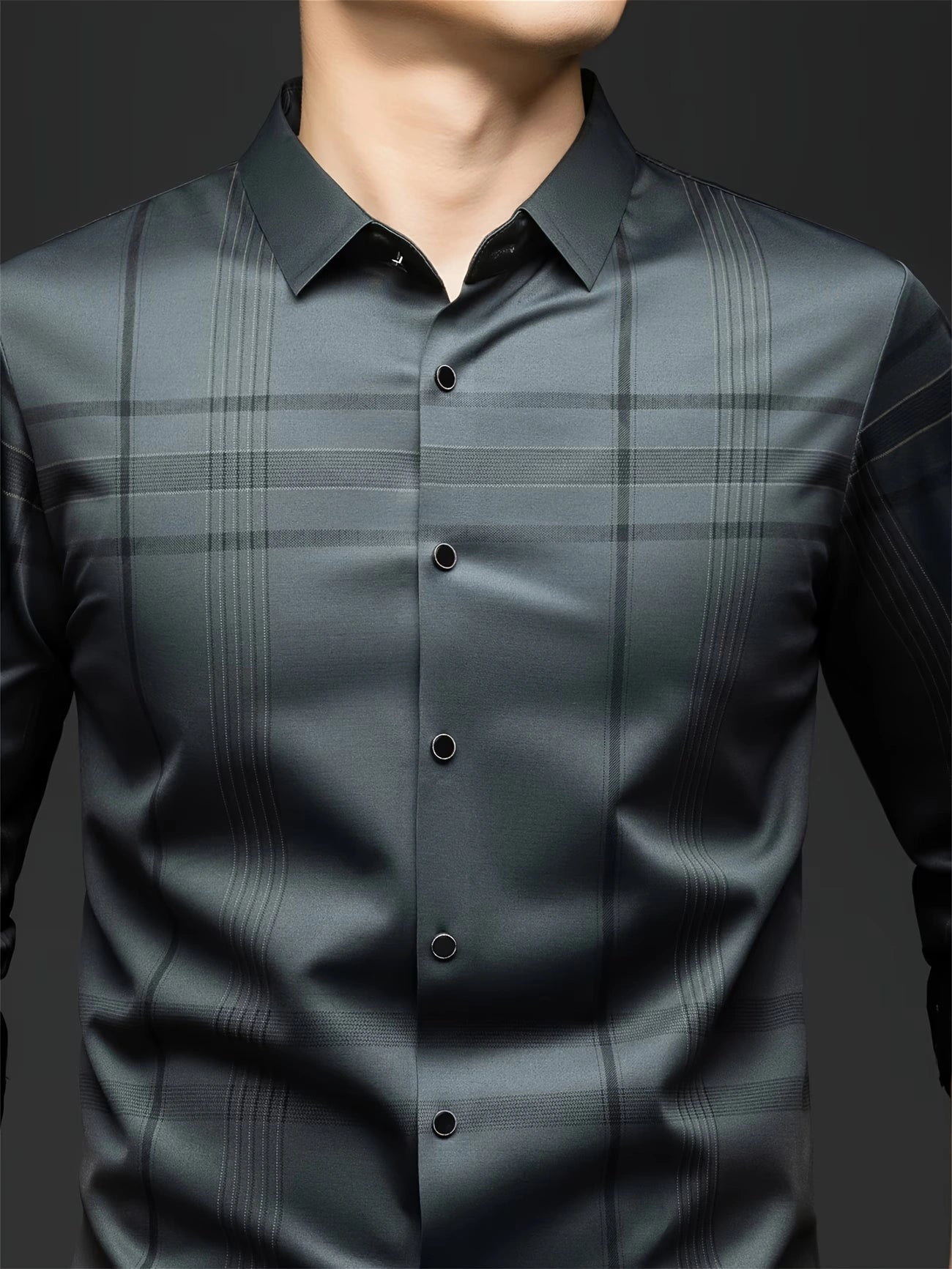 Jiskavi Slate Charcoal Stretch Cotton Check Shirt – Chest Closeup