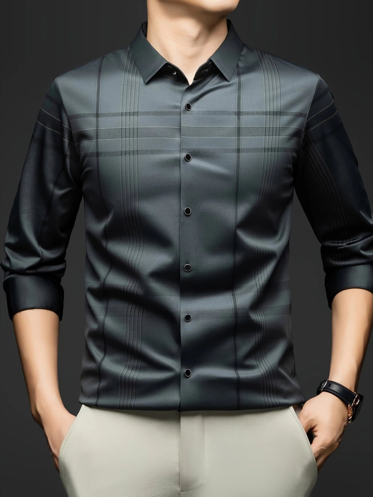 Jiskavi Slate Charcoal Plaid Shirt on Model – Front View