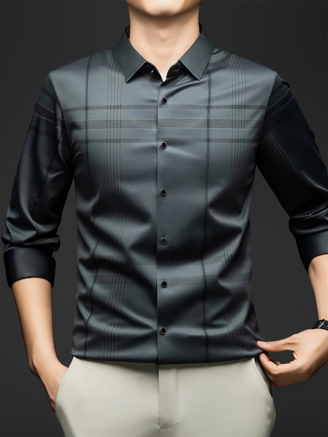Jiskavi Slate Charcoal Relaxed Fit Plaid Shirt – Full Body Model