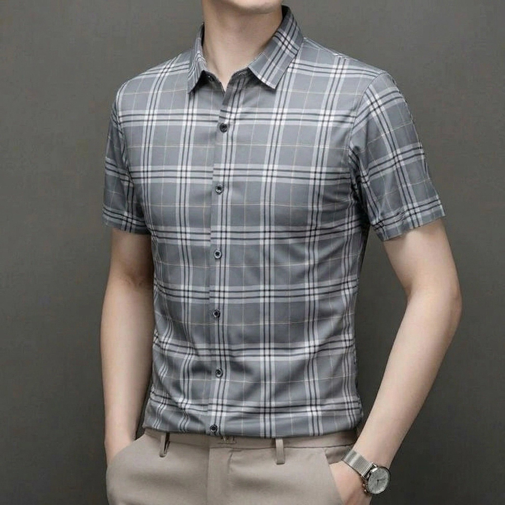 Jiskavi slate grey large heritage plaid slim fit half sleeve men's shirt — full front view on model