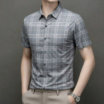 Jiskavi slate grey large heritage plaid slim fit half sleeve men's shirt — full front view on model