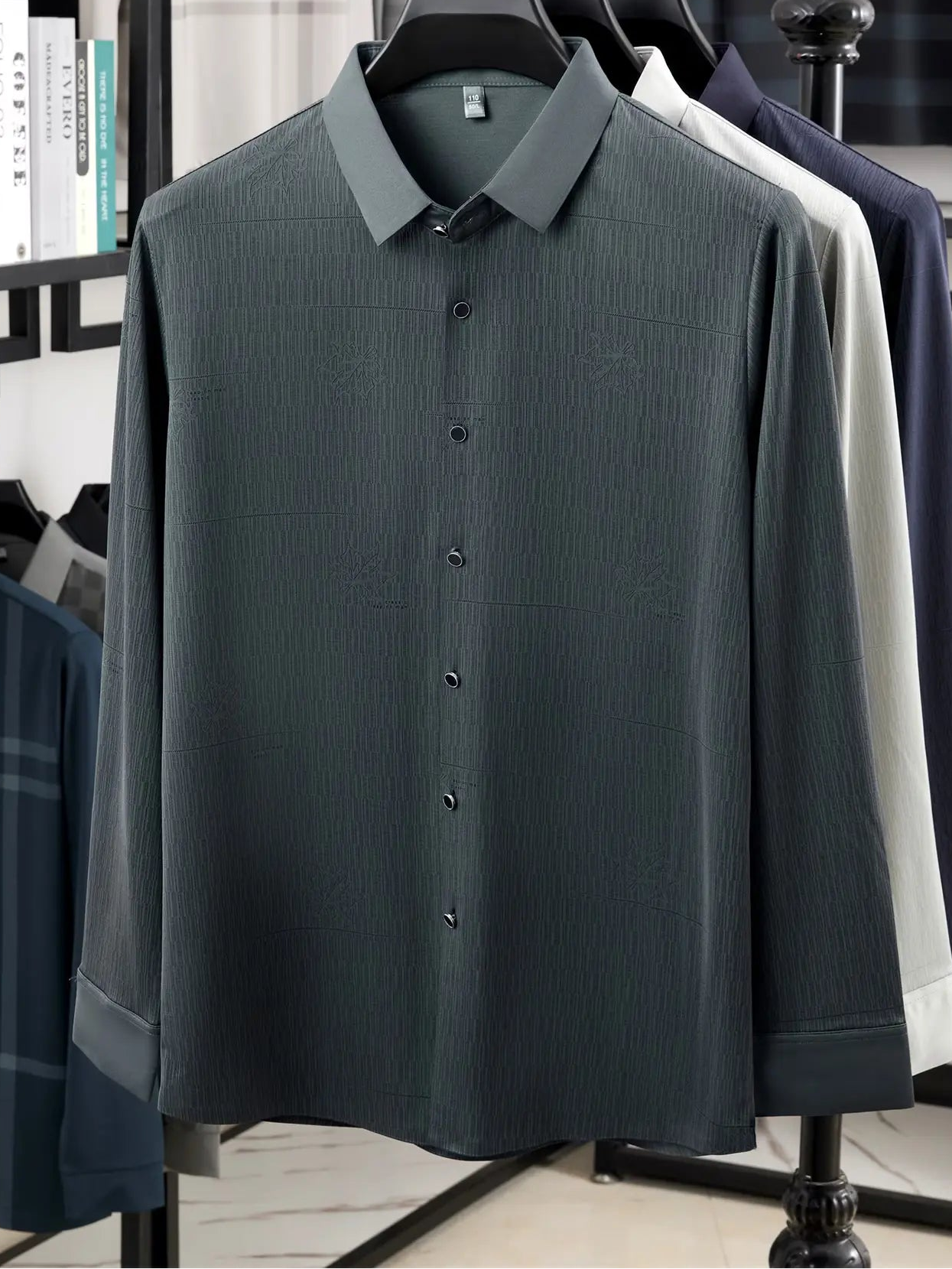 Jiskavi Slate Teal Jacquard Emboss Relaxed Fit Shirt – Front Hanger View