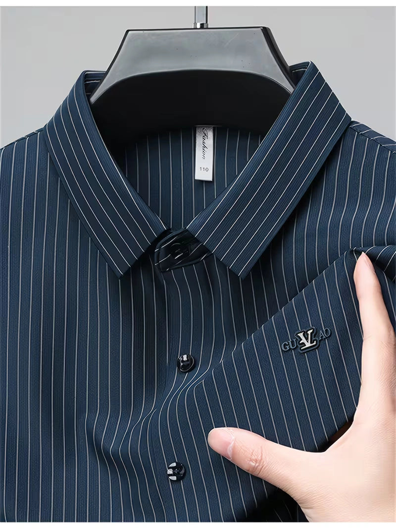 Jiskavi deep steel blue gold pinstripe half sleeve shirt — point collar with metal chest badge and dark tonal buttons