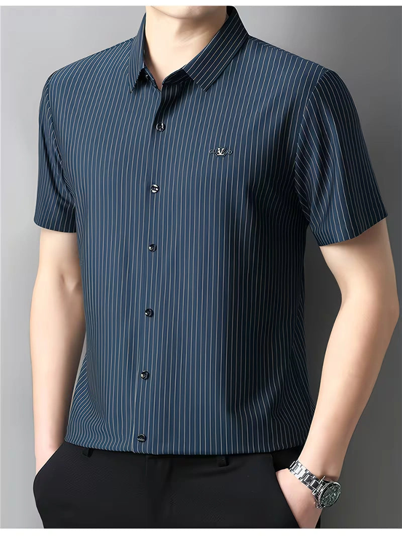 Jiskavi deep steel blue gold pinstripe slim fit half sleeve men's stretch shirt — front view