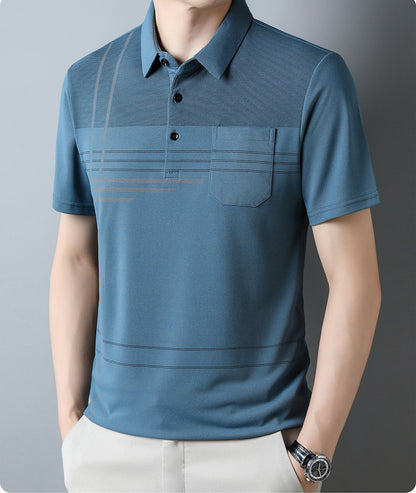 Jiskavi men's steel blue linear stripe polo T-shirt front view