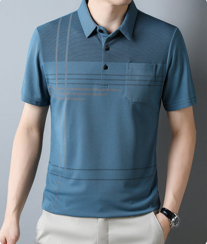 Jiskavi men's steel blue linear stripe polo T-shirt view 2