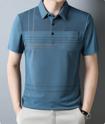 Jiskavi men's steel blue linear stripe polo T-shirt view 3