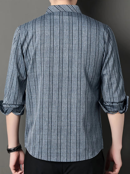 Jiskavi Steel Blue Melange Stripe Shirt – Back View on Model