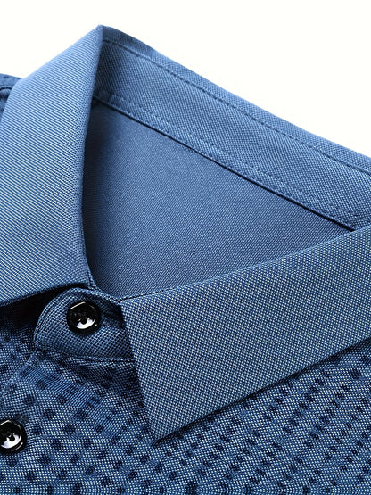 Jiskavi men's steel blue micro check polo shirt collar and button detail