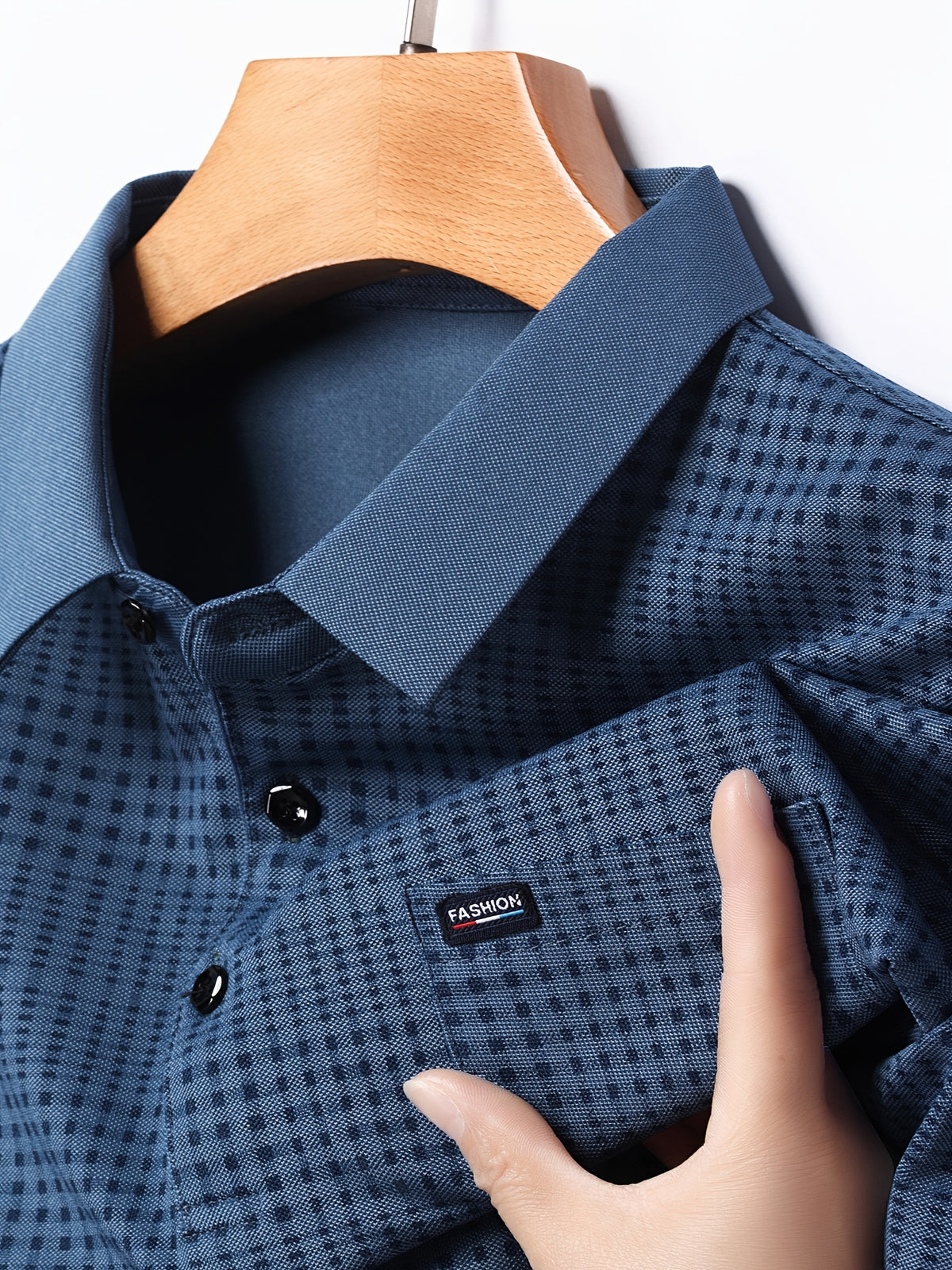 Jiskavi steel blue micro check polo collar and fabric close-up