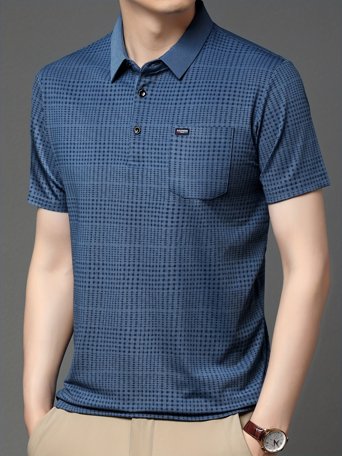 Jiskavi men's steel blue micro check polo T-shirt back model view