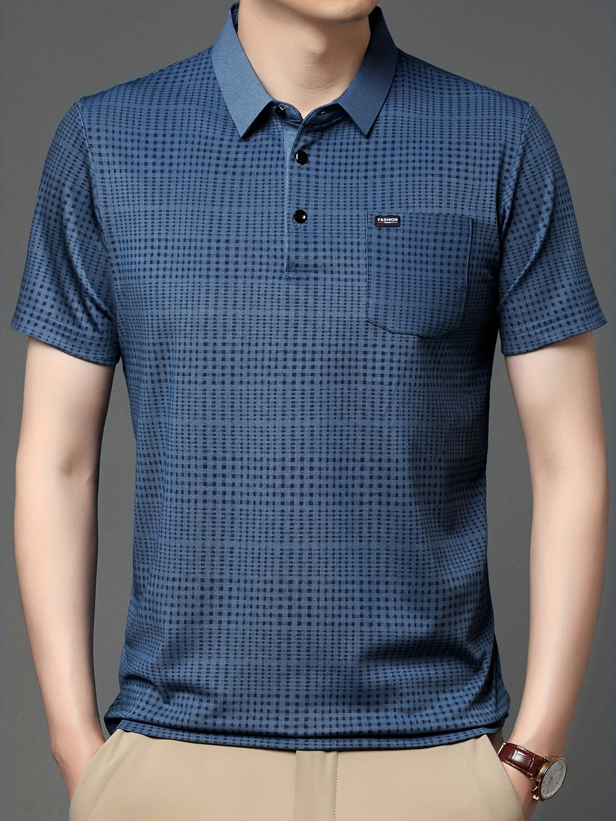 Jiskavi men's steel blue micro check half sleeve polo T-shirt front model view