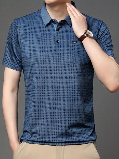 Side view of Jiskavi men's steel blue micro check short sleeve polo T-shirt