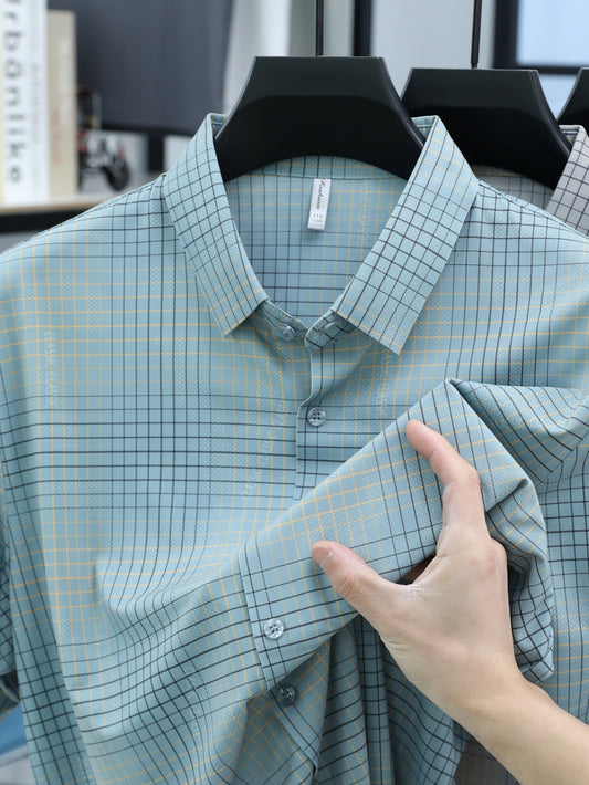 Jiskavi steel blue windowpane plaid check slim fit half sleeve shirt — dark navy grid and gold accent lines detail