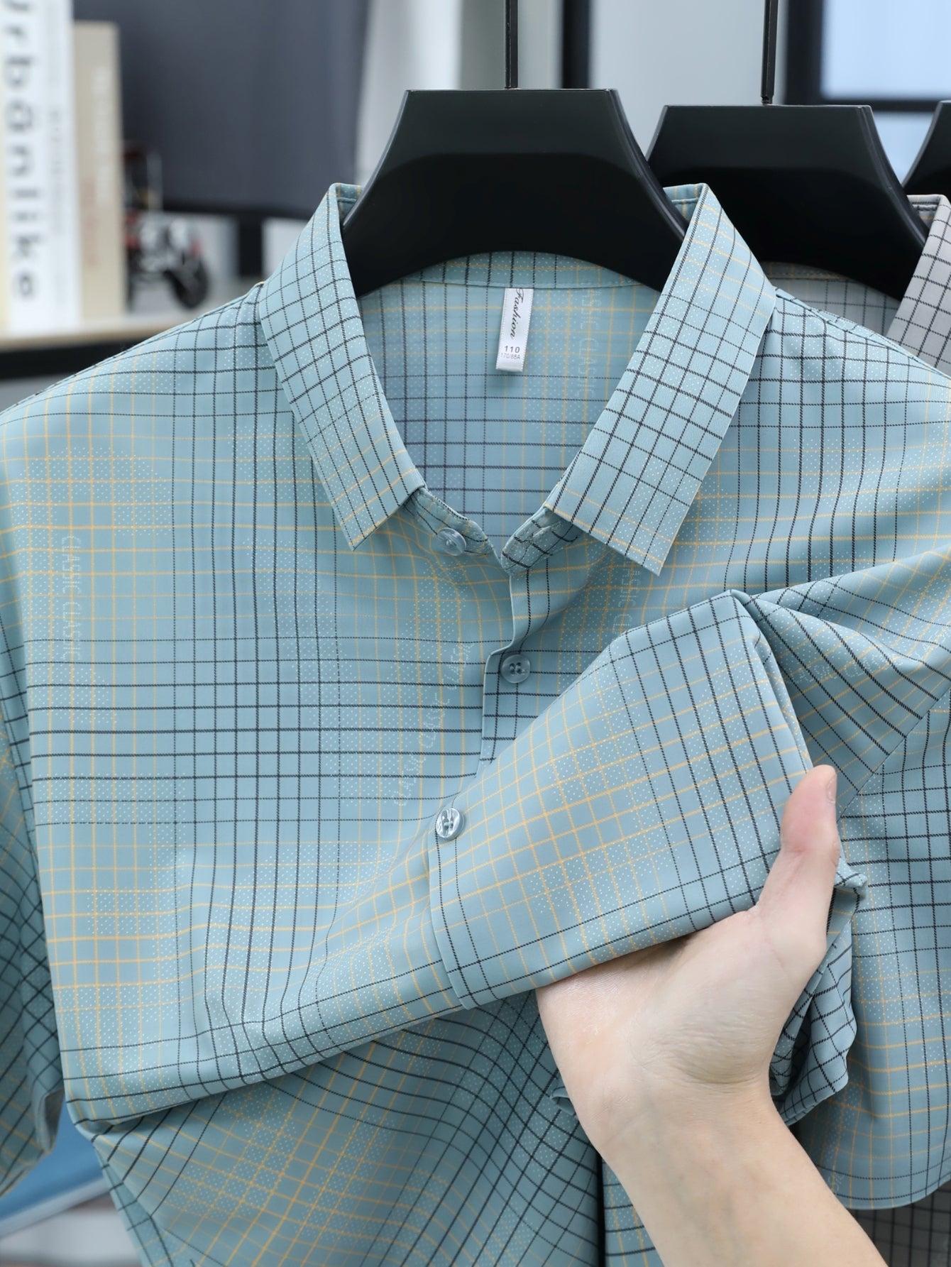 Jiskavi steel blue multi-tone plaid check stretch cotton half sleeve shirt — fabric and collar detail