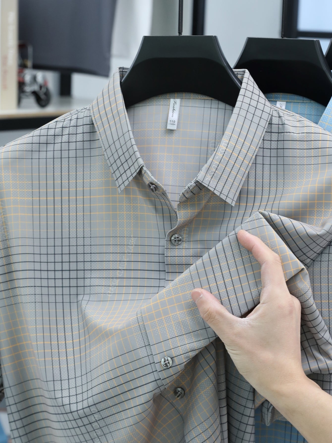 Jiskavi stone grey windowpane plaid check slim fit half sleeve shirt — dark charcoal grid and gold accent lines detail
