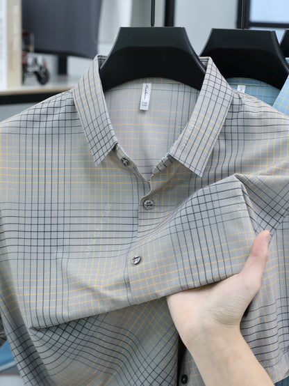 Jiskavi stone grey multi-tone plaid check stretch cotton half sleeve shirt — fabric and collar detail
