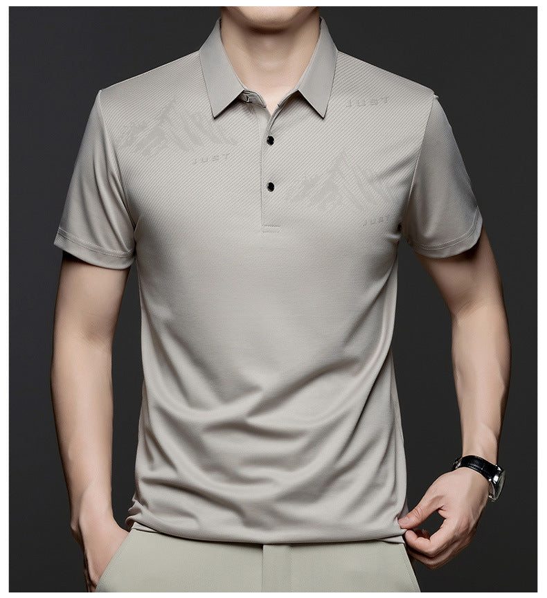 Jiskavi men's taupe grey tonal graphic polo T-shirt front view