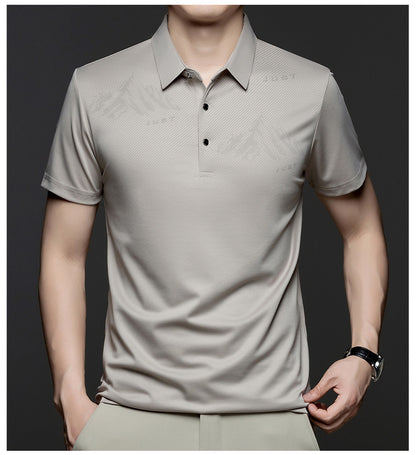 Jiskavi men's taupe grey tonal graphic polo T-shirt front view