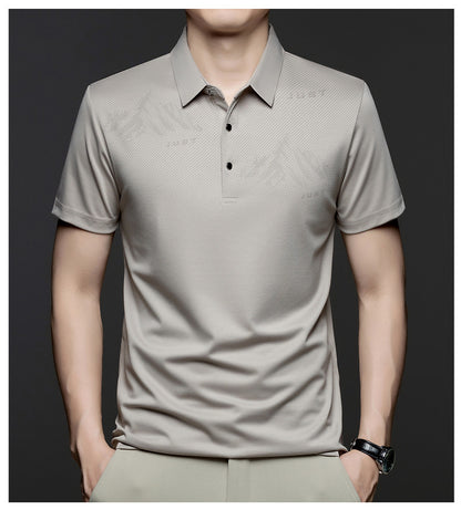 Jiskavi men's taupe grey tonal graphic polo T-shirt alternate view
