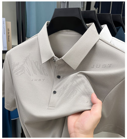 Jiskavi men's taupe grey tonal graphic polo T-shirt detail view