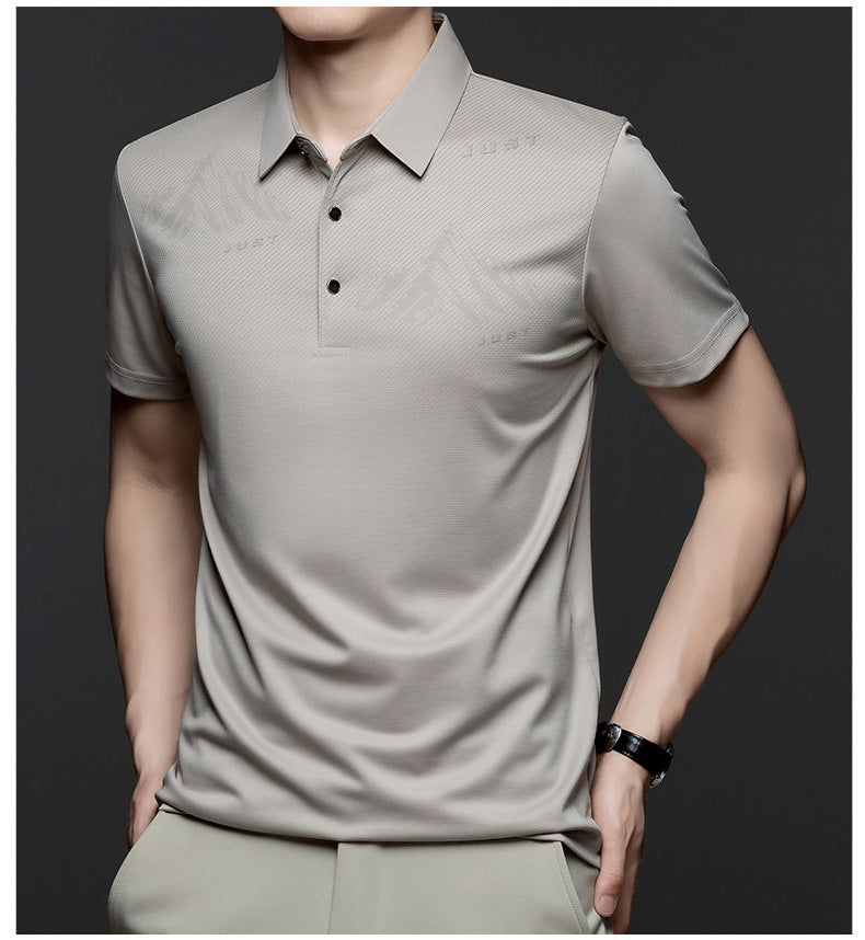 Jiskavi men's taupe grey tonal graphic polo T-shirt styled view