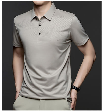 Jiskavi men's taupe grey tonal graphic polo T-shirt styled view